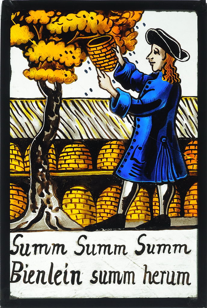 Beekeeper on an old German stained glass painting. Underneath the refrain of a children's song by Hoffmann von Fallersleben